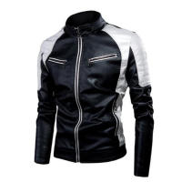 Chaqueta de PU con cuello levantado para moto, abrigo casual Slim, Color lock, - details 3
