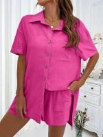 Conjunto de camisa de dos piezas de color sólido con pantalones cortos de moda para mujer, informal, suelto, manga corta, una sola fila - details 14
