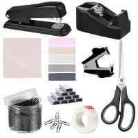 9 piezas de material de oficina, grapadora de escritorio manual, dispensador de cinta, tijeras, juego de clips, carpetas de clips, pestañas de índice y notas adhesivas - details 1