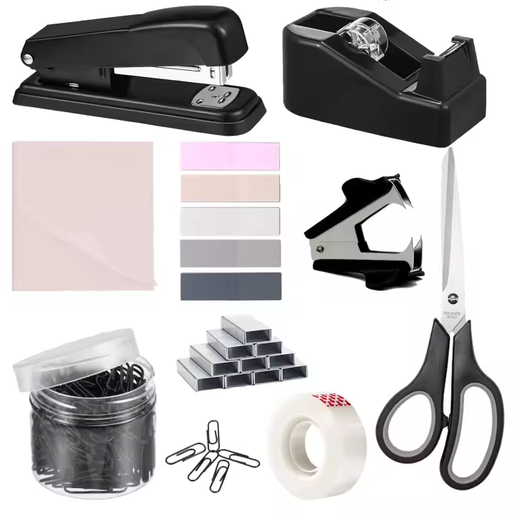 9 piezas de material de oficina, grapadora de escritorio manual, dispensador de cinta, tijeras, juego de clips, carpetas de clips, pestañas de índice y notas adhesivas - 1
