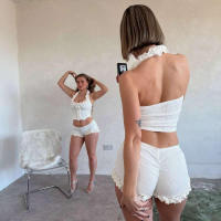 BUNO-Conjunto Casual de dos piezas con cuello cuadrado con volantes para mujer, camisetas sin espalda y pantalones cortos ajustados de estilo versátil - details 6