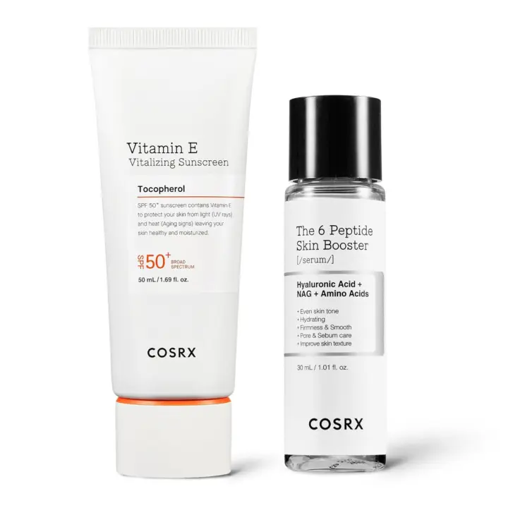 COSRX Invisible Shield - Protector solar facial vitalizante con vitamina E SPF 50, 1.69 fl.oz + Juego de suero potenciador de la piel en miniatura de 6 péptidos - 1