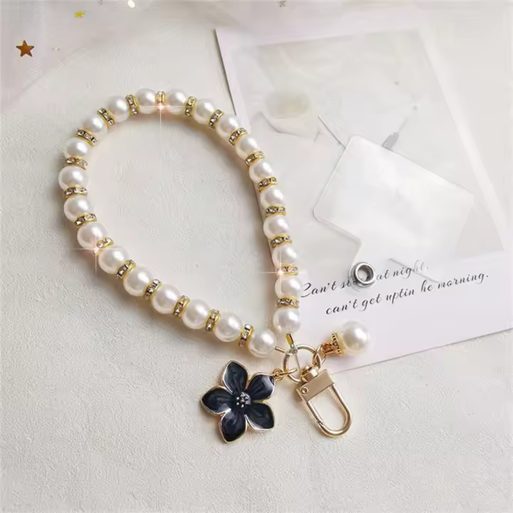Cordón de perlas para teléfono móvil, pulsera, cadena, cordón desmontable, correa para teléfono móvil, colgante de flor, correa para muñeca, accesorios para teléfono - 1