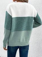 Elegant Three-color Patchwork Sweater Women Daily Commuter Casual Loose Jumpers Female Autumn Winter Knitted Thickened Warm Tops - details 13