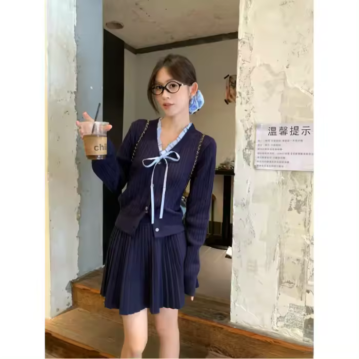 Conjunto de Punto Estilo Coreano para Mujer Vestido Plisado con Cinturón de Lazo - 1