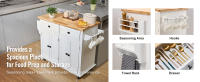 SucceBuy Carro de isla de cocina de 35.4" de ancho, tablero de madera maciza, mesa de almacenamiento móvil con gabinete, especiero, toallero, cajón, isla rodante portátil con ruedas, blanco - details 0