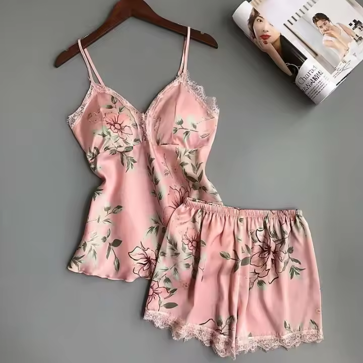 Ropa de seda satinada para mujer, bata Ence Home, alfombrilla para el pecho, pijama, rosa, blanco, 3 piezas - 1