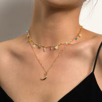 Colgante de luna Retro a la moda para mujer, conjunto de diamantes de flores, Collar Simple, cadena corta de clavícula - details 1