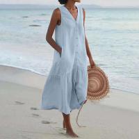 Verano suelto Casual Patchwork algodón en Pocktes cuello en V estilo de playa sin mangas Vintage Club Midi vestido de mujer sólido - details 5