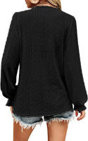 Camiseta con cuello en V para mujer Camisa superior de manga plisada informal hueca de otoño - details 6