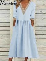 Verano para mujer talla grande cuello en V media manga algodón y lino vestido caftán con bolsillo estilo oficina - details 5
