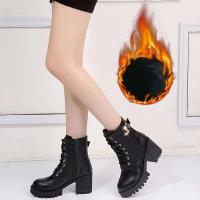 Botas de mujer con punta redonda, suela gruesa, plataforma impermeable, tacones altos, con cordones, entresuela de felpa, botas Martin - details 2