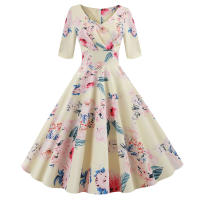 Women floral print casual half sleeve elegant vintage party dress - details 2