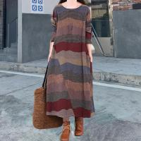 Jersey de manga larga con cuello redondo para mujer, vestido largo holgado a rayas con contraste de Color, ropa diaria para otoño e invierno - details 13