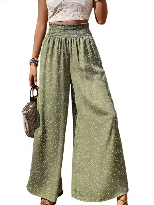 Pantalones de mujer estampados sueltos de cintura alta de pierna ancha elásticos verde estético Original Casual - 1