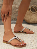 Chanclas planas de tela de talla grande con tiras finas para mujer, sandalias retro con hebilla y punta abierta para exteriores - details 3