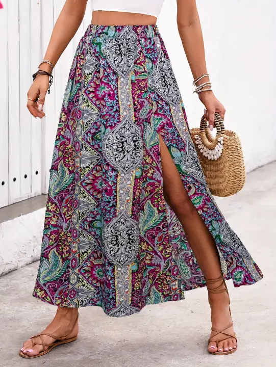ABINGOO Mujer Bohemio Maxi Falda Verano Cintura Alta Elástica Playa Impreso Maxi Falda A-Line Casual Larga Falda con Ranura - 1