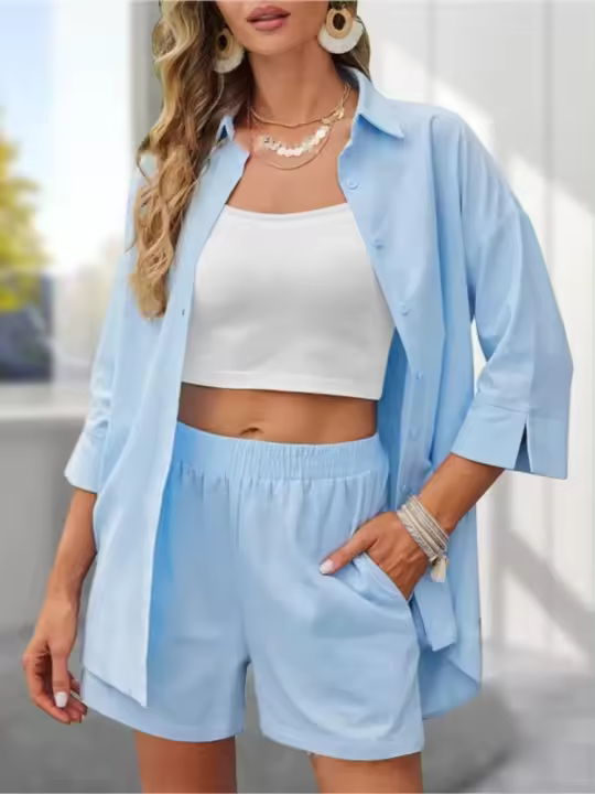 Novedad de verano, camisa de manga de 7 de Color sólido, pantalones cortos, conjunto de 2 piezas de pantalones cortos informales sueltos simples a la moda para vacaciones en la playa, traje de mujer - 1