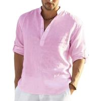 Padola-Camiseta de lino para hombre, camisa holgada de manga larga, lisa, ajuste Regular, transpirable, informal, Henley, Verano - details 5