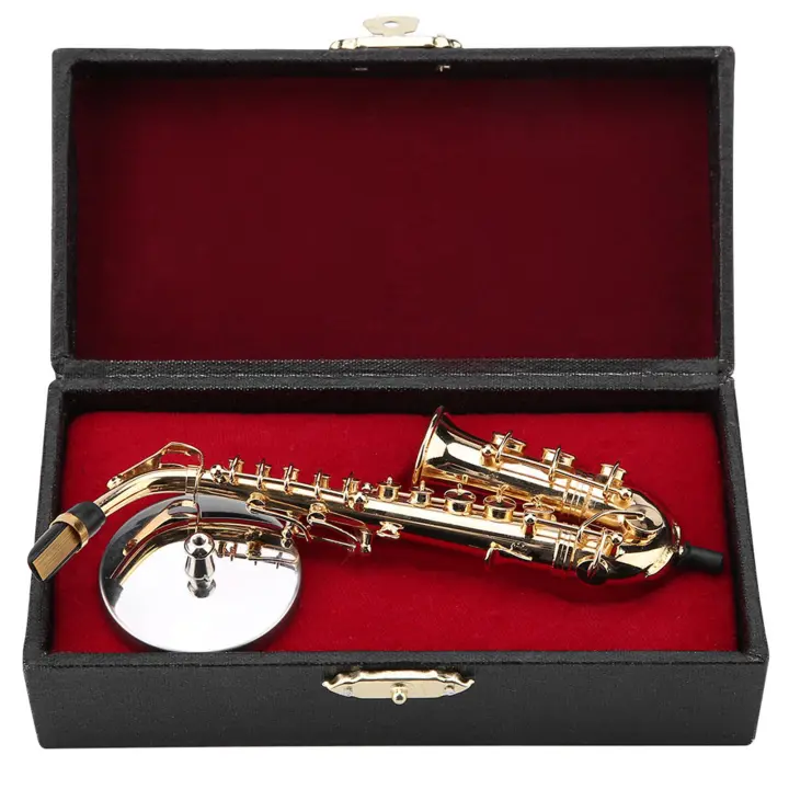 Réplica de saxofón alto en miniatura con soporte y estuche, adornos de modelo de instrumento chapados en oro - 1