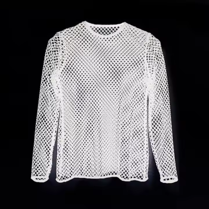 Camiseta larga de malla para hombre, con estilo de club nocturno, transpirable, con encaje y manga larga, para escenario. Mi armario solo necesita lo que me gusta - 1