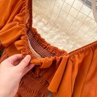 Nuevo modelo de vestido maxi elegante con cuello cuadrado para mujer, gasa lisa con mangas abullonadas, bata de fiesta en la playa, vestidos con volantes vintage - details 18