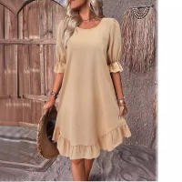Vintage Retro volante suelto vestido de verano cuello redondo media manga Color sólido Mini vestidos de fiesta NMD-3018 - details 4