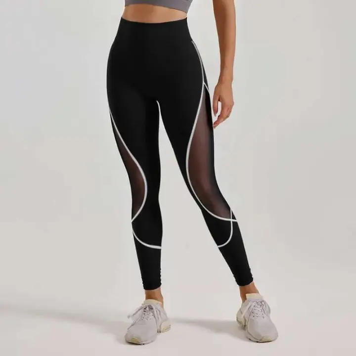 Pantalones de malla con cierre de color para mujer, pantalones deportivos altos con cintura elástica para gimnasio, yoga y levantamiento de cadera - 1