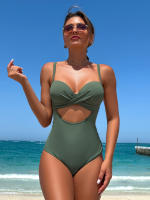 Traje de Baño de Una Pieza de Leopardo Sexy Bra Cruzado Hueco, Color Sólido - details 8