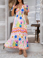2025 Primavera / Verano Casual Bomisia Vacaciones Estilo Estampado Contraste Color Cuello en V Cintura alta Vestido de manga corta - details 16