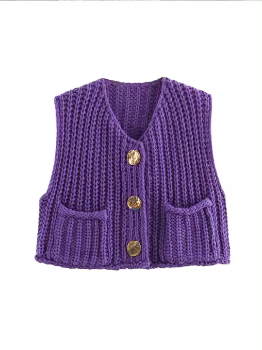 Chaleco de punto con cuello redondo para mujer, cárdigan elegante sin mangas con bolsillo y botones, color verde, moda de otoño - 1