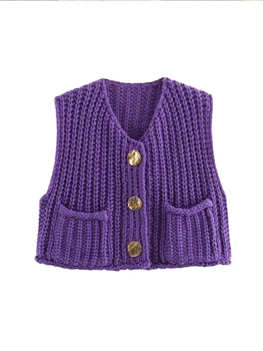 Chaleco de punto con cuello redondo para mujer, cárdigan elegante sin mangas con bolsillo y botones, color verde, moda de otoño - 1