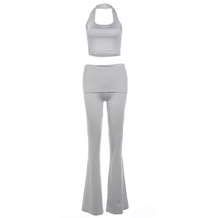 BUNO-Conjunto informal de 2 piezas de gato extraño para mujer, camisola deportiva con cuello Halter y pantalón acampanado, ropa de calle a juego, liso y elástico, sencillo - 1