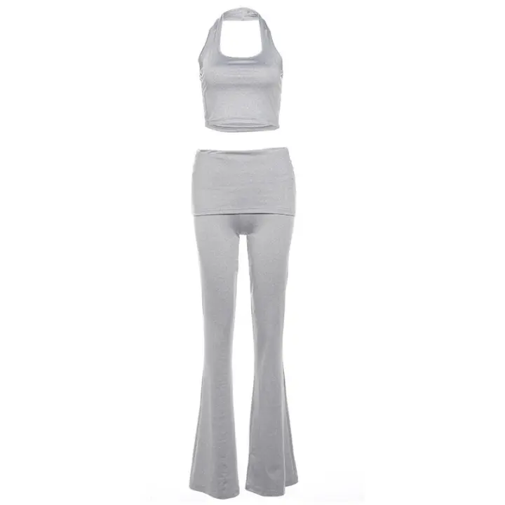 BUNO-Conjunto informal de 2 piezas de gato extraño para mujer, camisola deportiva con cuello Halter y pantalón acampanado, ropa de calle a juego, liso y elástico, sencillo - 1
