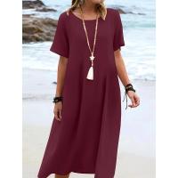 Vestido de manga corta con cuello redondo de color sólido estilo vacaciones de verano 2025 - details 8