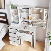 Tocador De Maquillaje con Espejo y 10 Bombillas Led Luz Regulable, Tocador Blanco con Brillo Ajustable, Tocador De Dormitorio con Taburete 6 Cajones, 3 Estantes y 3 Estantes Ocultos - details 13