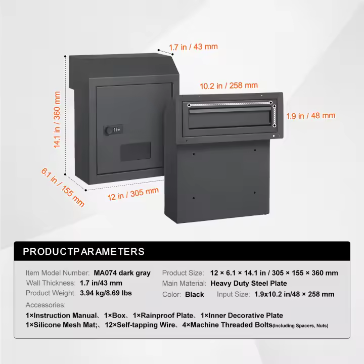 SucceBuy Buzón para llaves a través de la puerta, buzón de acero resistente a través de la puerta con cerradura de combinación de 12 pulgadas, negro - 1