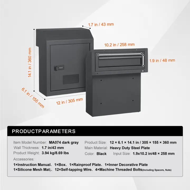 SucceBuy Buzón para llaves a través de la puerta, buzón de acero resistente a través de la puerta con cerradura de combinación de 12 pulgadas, negro - 1