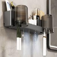 Soporte de plástico para cepillos de dientes, soporte para vasos de enjuague bucal de gran capacidad montado en la pared con tazas, estante de almacenamiento para inodoro que ahorra espacio para el hogar - details 5