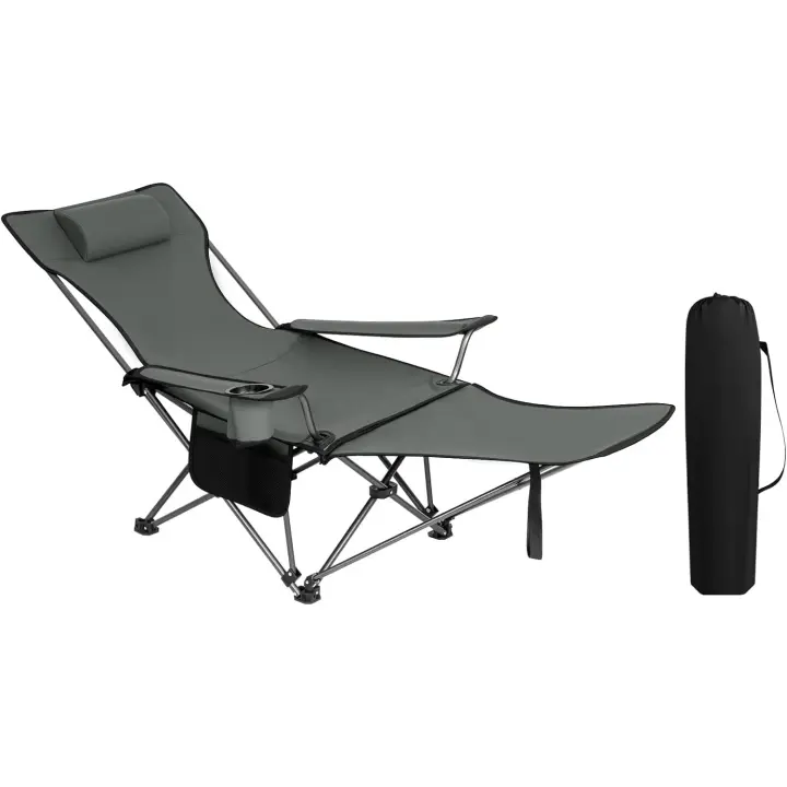 Camping Plegable, Tumbona Camping Portátil con Portavasos, Reposacabezas y Bolsa Lateral, Marco de Acero, Carga Máxima 150 kg, para Picnic, Playa, Jardín, Pesca, Azul - 1