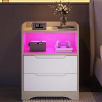 Mesitas de Noche con luces LED y Estación de Carga (2 Tomas AC, 2 Puertos USB) Mesita de Noche Blanca Mesas Auxiliares con 1 compartimento abierto y 2 cajones para Dormitorio Salón - details 37