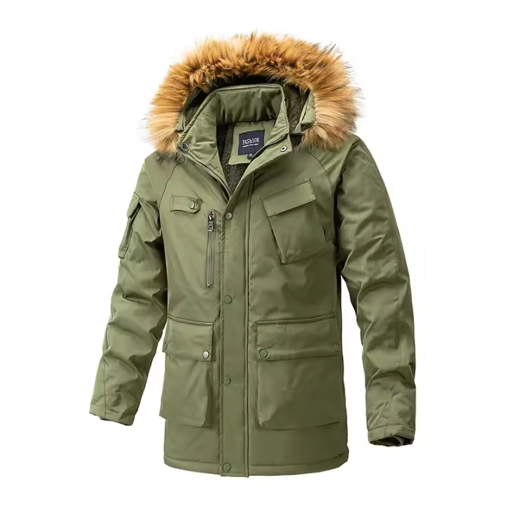 Chaqueta gruesa con capucha a prueba de viento para hombre, Parka cálida de lana con cuello de piel, abrigo informal clásico de marca, moda de invierno, 2024 - 1