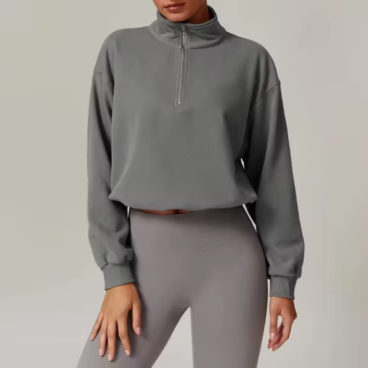 Sudadera con cuello alto y cremallera para mujer, Jersey deportivo holgado informal, ropa de Yoga y gimnasio, adecuada para correr y Fitness - 1