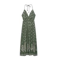 PB&ZA2025 elegante vestido largo con tirantes, cuello en V, estampado bordado y temperamento, ropa de mujer. - details 1
