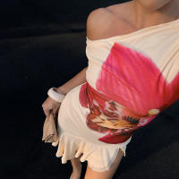 G25DS013 Vestido con abertura y estampado floral con hombros descubiertos para primavera y verano para mujer - details 8
