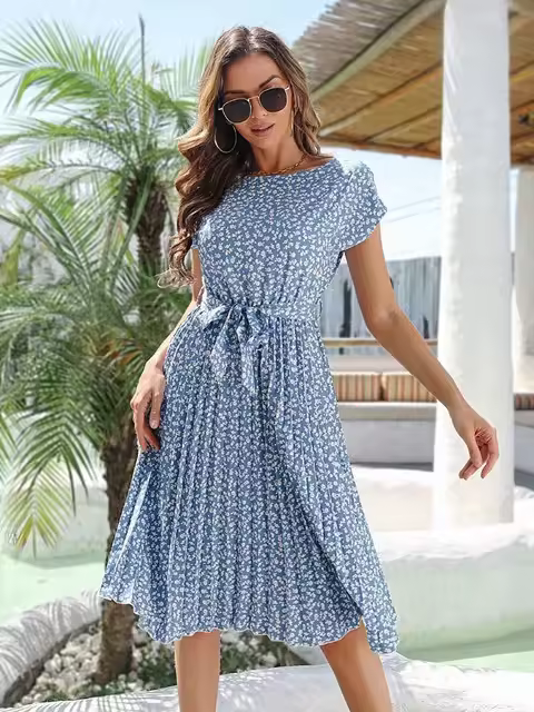 Vestido Midi bohemio Floral para mujer, cintura alta, informal, elegante, línea A, Verano - 1