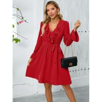 Vestido elegante y bonito con cuello en V para mujer, vestidos informales de manga larga de Color sólido, liquidación - details 7