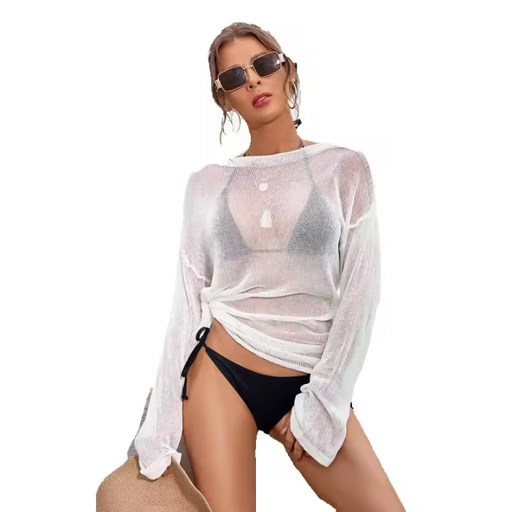 Vestido transparente de manga larga para la playa, top tipo túnica transparente de malla para mujer, traje de baño ligero de verano - 1