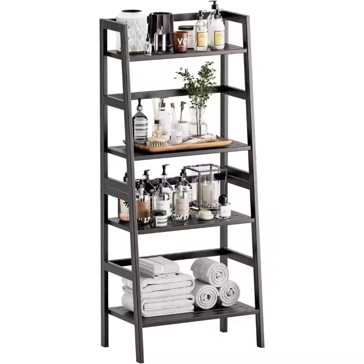 Estantería de Escalera de 4 Niveles Diseño de Almacenamiento de Pie Estante de Baño de Bambú - 1