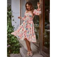 Vestido con cuello cuadrado para mujer, vestidos florales de manga larga, elegante y bonito, - details 8